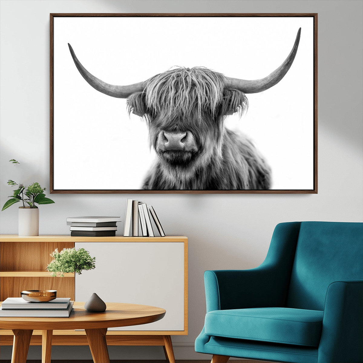 Grayscale Scottish Highland Cow Cattle Art Print Farmhouse