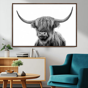 Grayscale Scottish Highland Cow Cattle Art Print Farmhouse