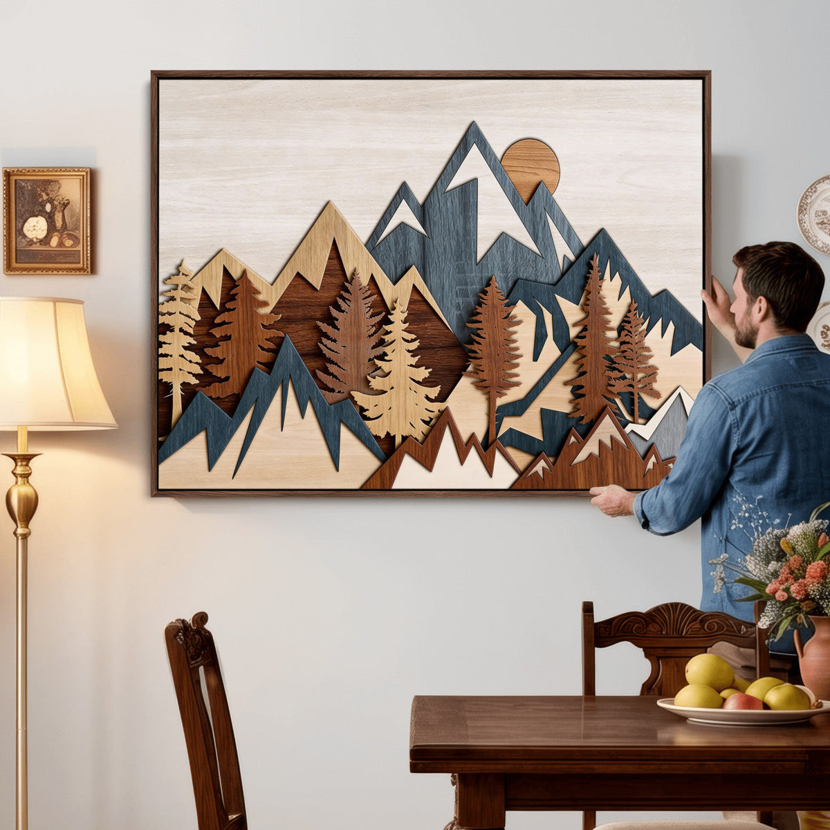 Rustic Abstract Wood Panel Effect Canvas Mountain Range Top