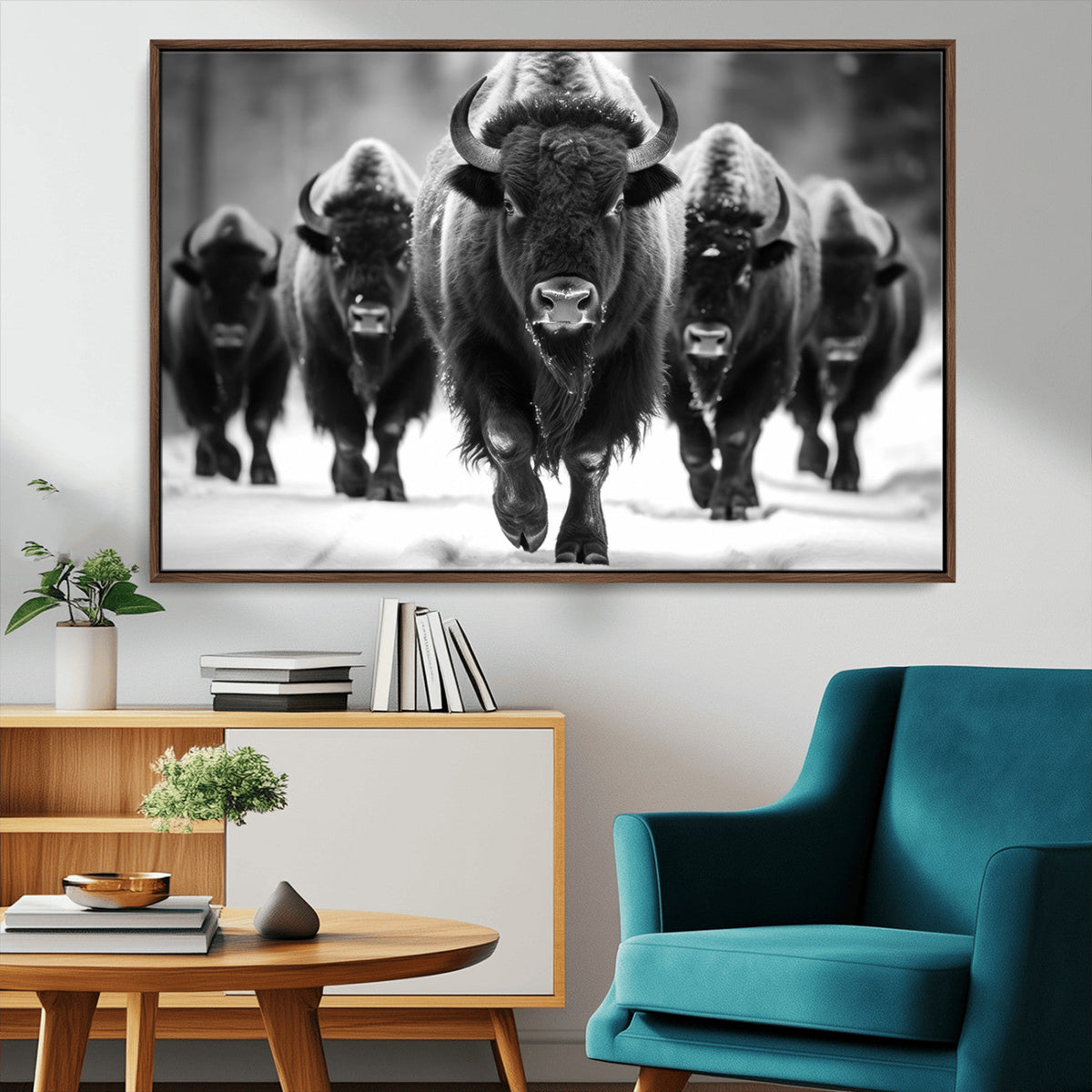 American Bison Art | Buffalo Herd Wall Art Canvas Print, BW