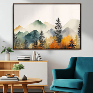 Abstract Watercolor Mountains and Trees Autumn Wall Art,