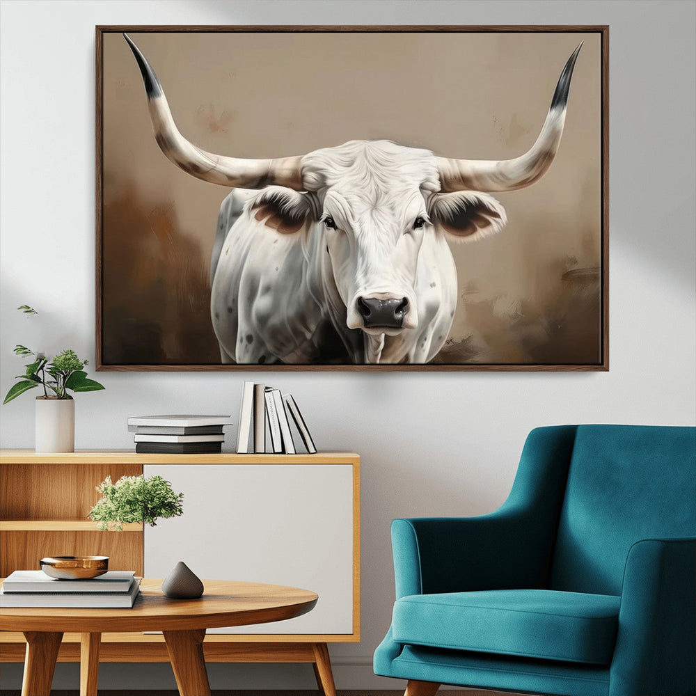 White Longhorn Bull Wall Art Canvas Print – Framed and Ready