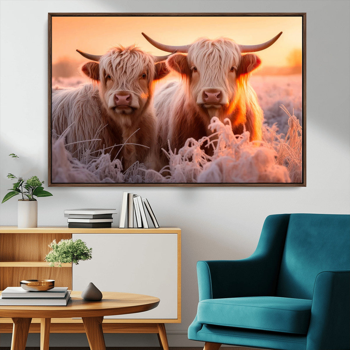 Highland Cows at Sunrise Wall Art Canvas Set – Serene and
