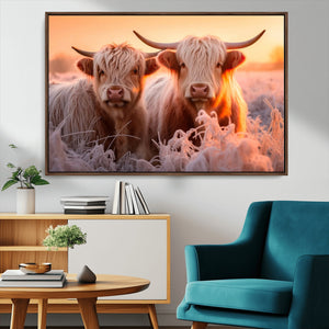 Highland Cows at Sunrise Wall Art Canvas Set – Serene and