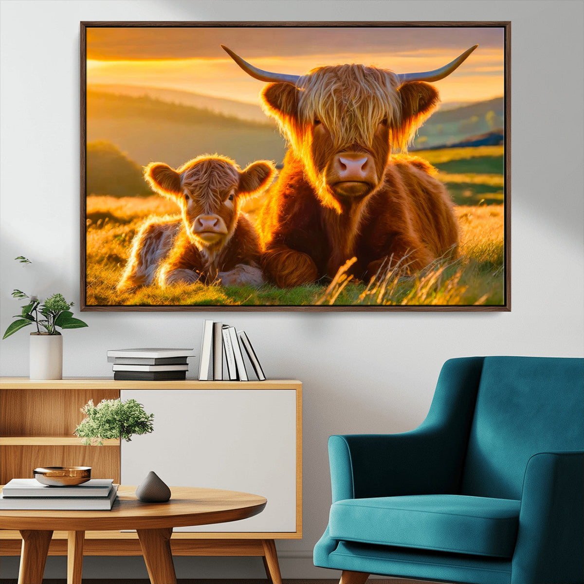 Scottish Cow and Baby Cow Canvas Wall Art Animal Print