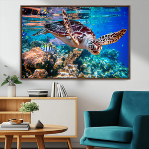 Underwater Coral Reef Sea Turtle Wall Art Canvas Print,