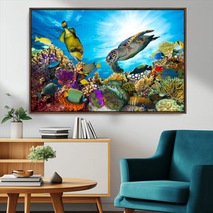 Colorful Coral Reef and Sea Life Turtle Canvas Print,