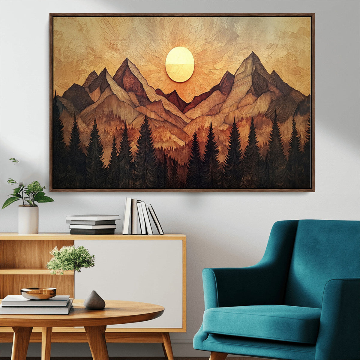 Wood Style Abstract Mountain Sunset Canvas Wall Art Print -