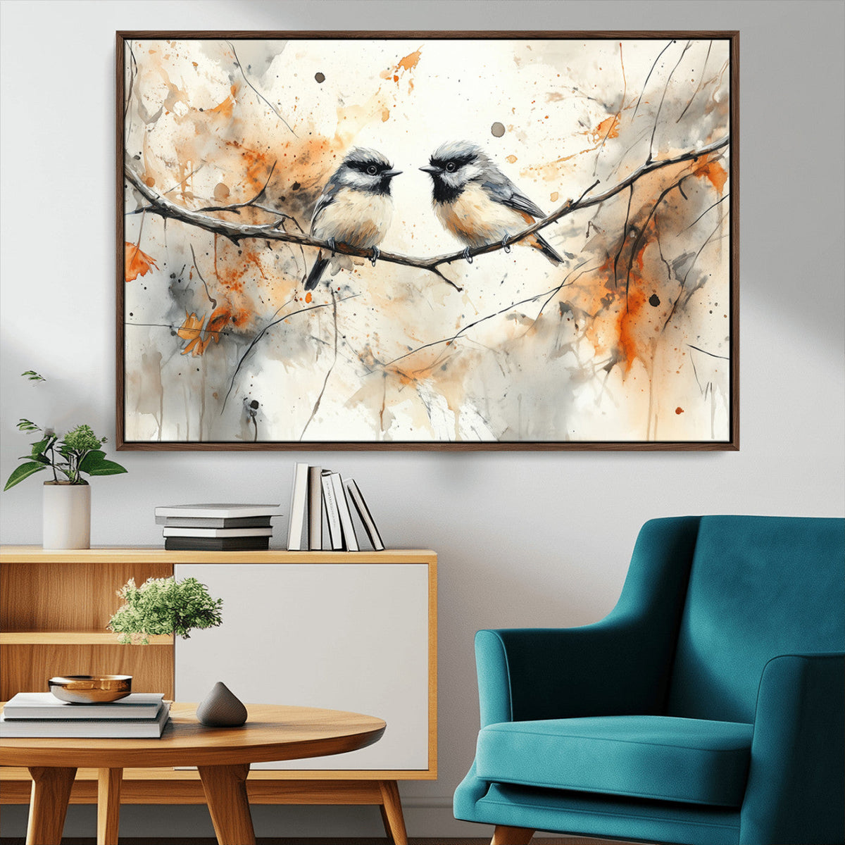 Abstract Watercolor Chickadee Bird Canvas Wall Art Print -
