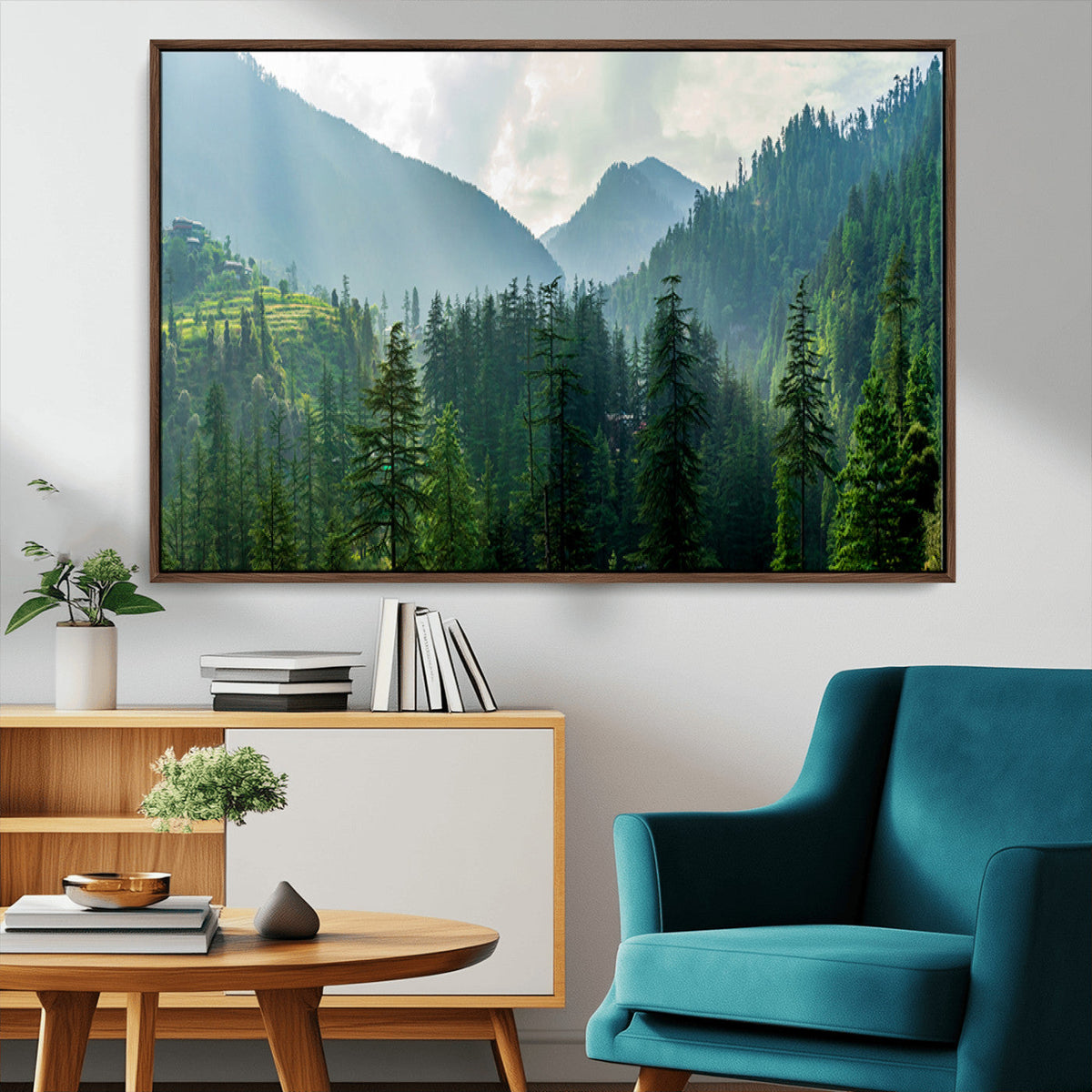 Misty Forest Mountain Wall Art Canvas Print – Framed Serene