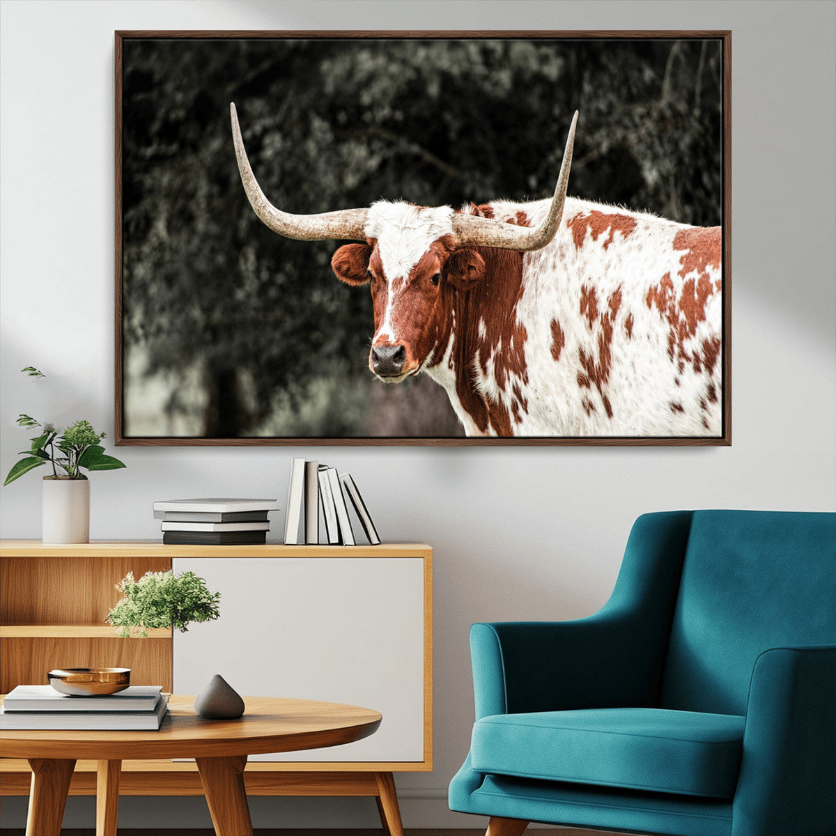 Texas Longhorn Wall Art Canvas Print – Framed Spotted Bull