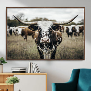 Texas Longhorn Wall Art – Framed Speckled Cow Canvas