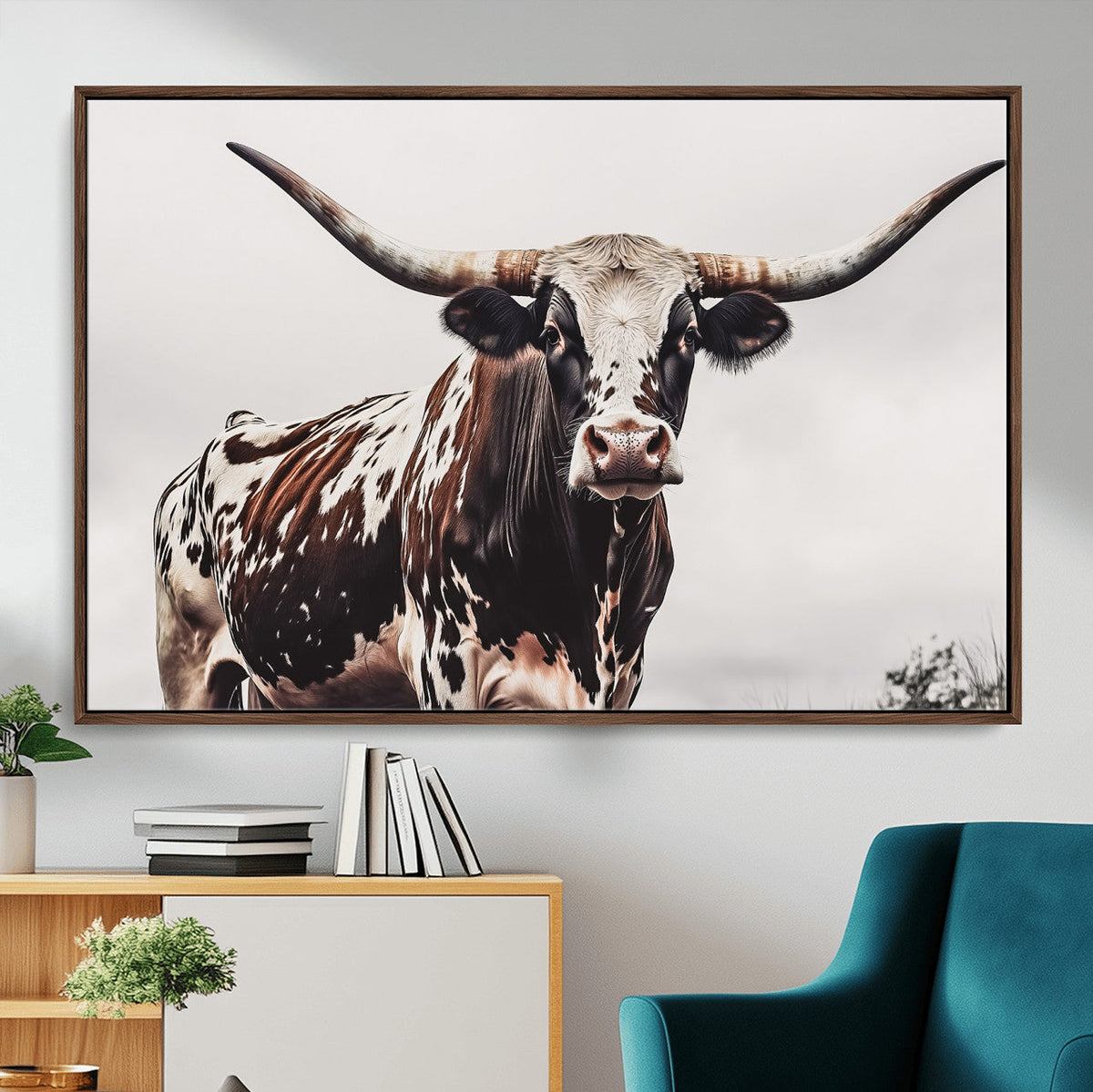 Texas Longhorn Wall Art Canvas Print – Framed Spotted Bull