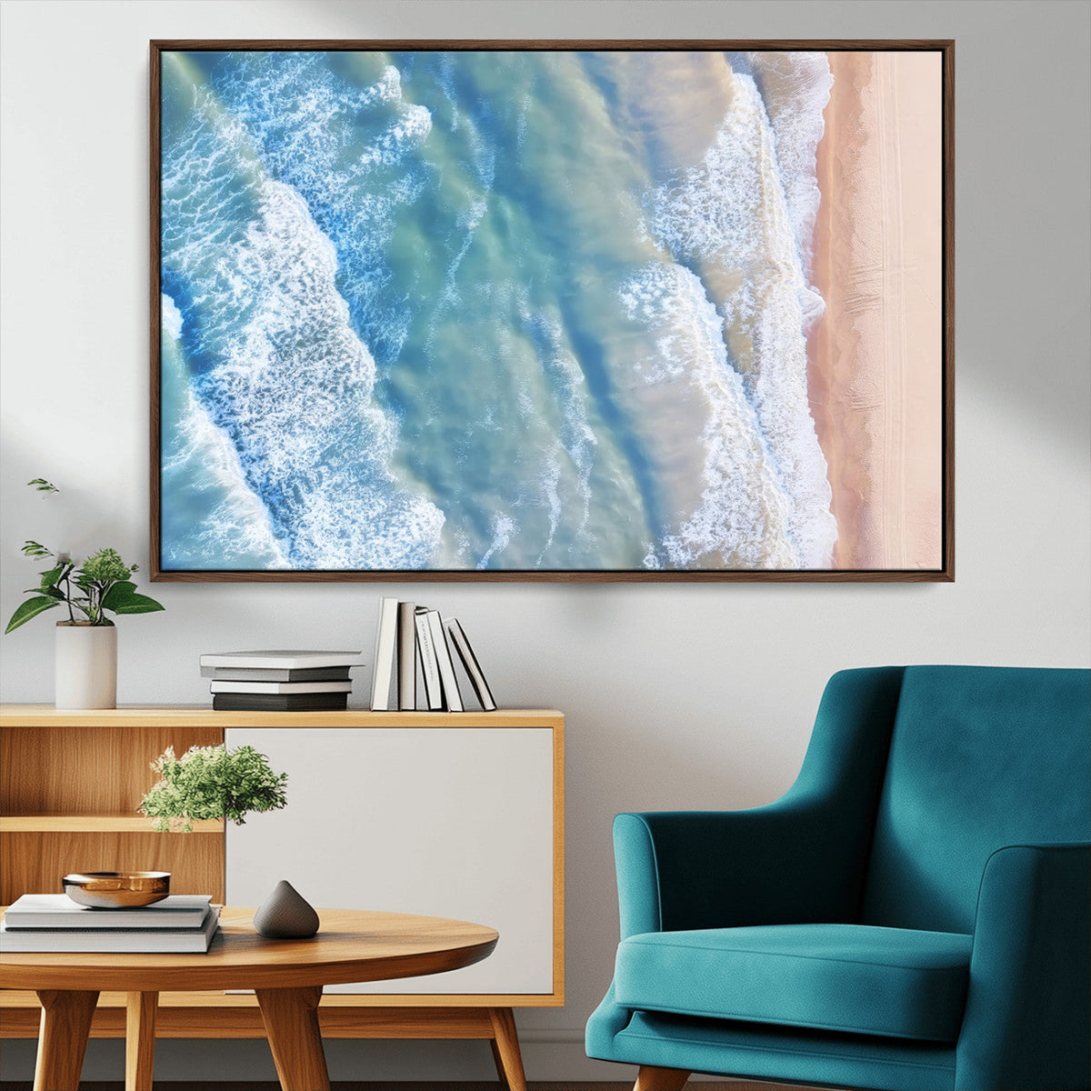 Aerial Ocean View Wall Art Canvas Print – Framed Soft Blue