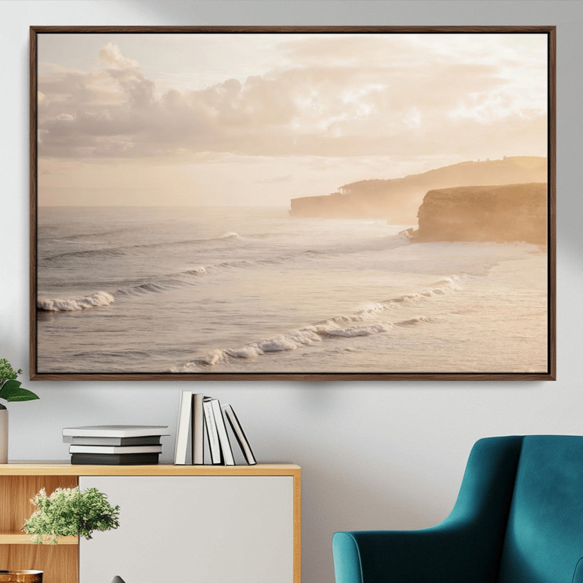 Misty Coastal Wall Art Canvas Print – Framed Golden Sunset