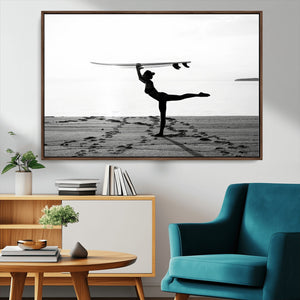Yoga Surf Wall Art Canvas Print – Framed Black White Shore