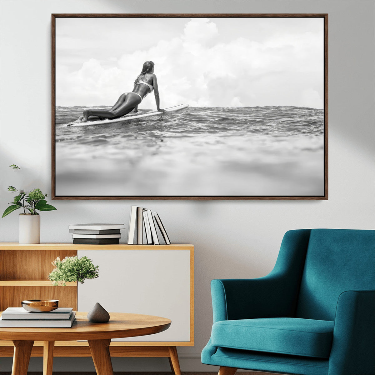 Black and White Surfing Wall Art Canvas Print – Framed Ocean