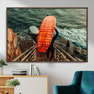 Surfer Stairway Wall Art – Framed Ocean Surf Canvas Artwork,