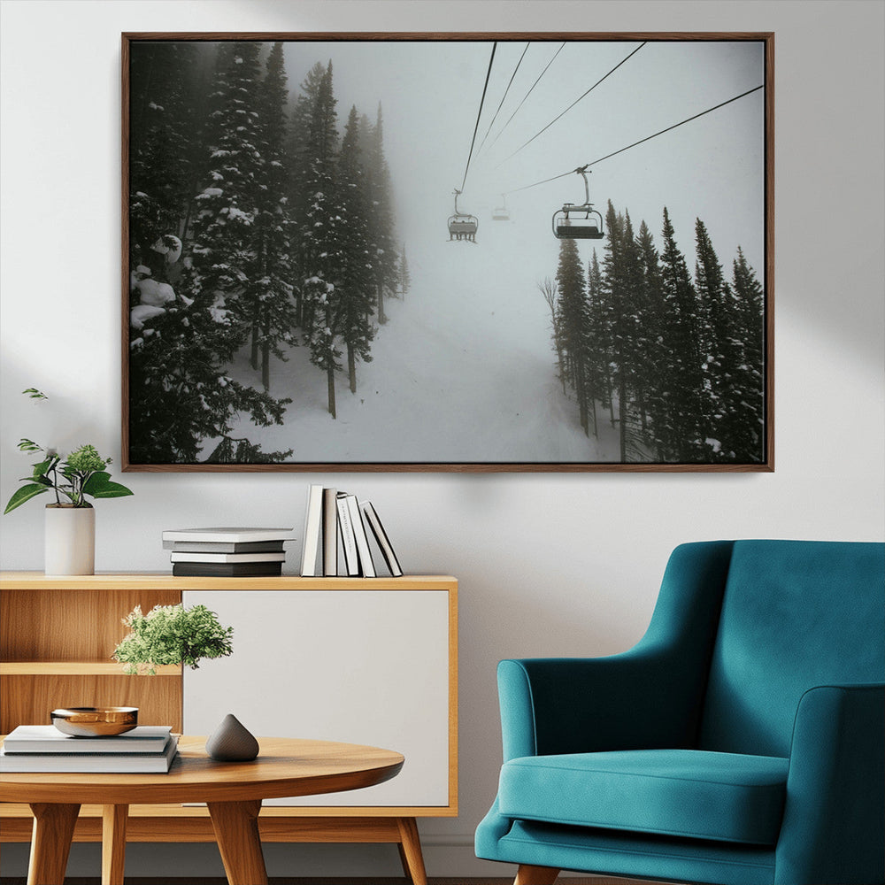 Ski Lift Wall Art Canvas Print – Snowy Pines Misty Landscape