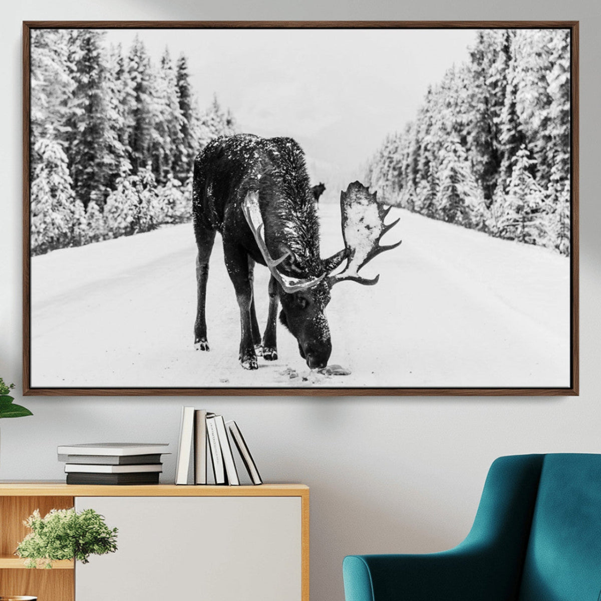 Moose Wall Art Canvas Print – Winter Snowy Forest Antlers