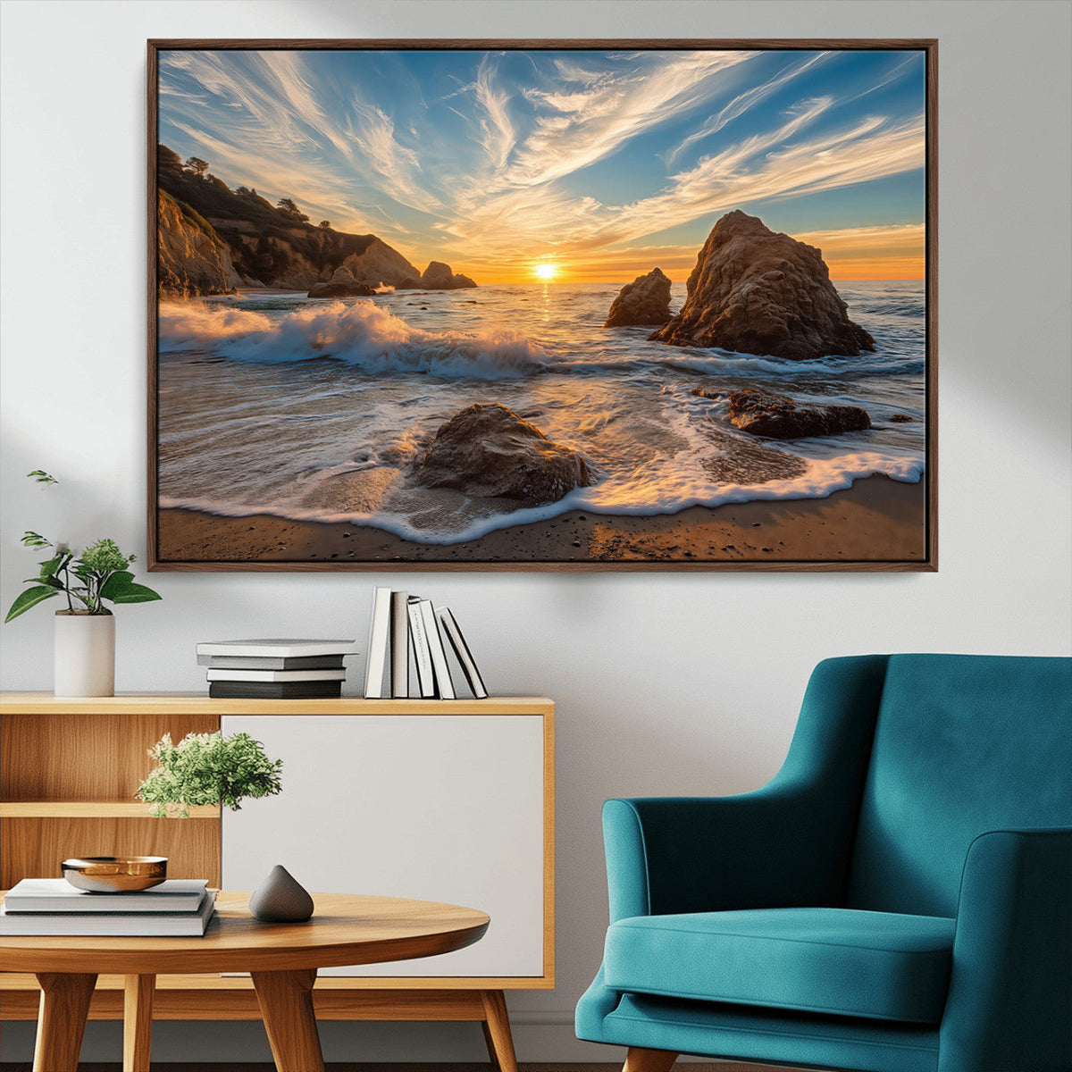 Rocky Ocean Sunset Wall Art Print – Seaside Canvas Dramatic