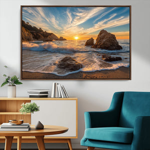 Rocky Ocean Sunset Wall Art Print – Seaside Canvas Dramatic