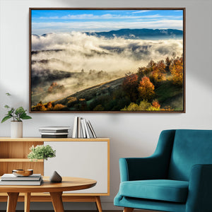 Misty Autumn Hills Wall Art Canvas Print, Foggy Forest