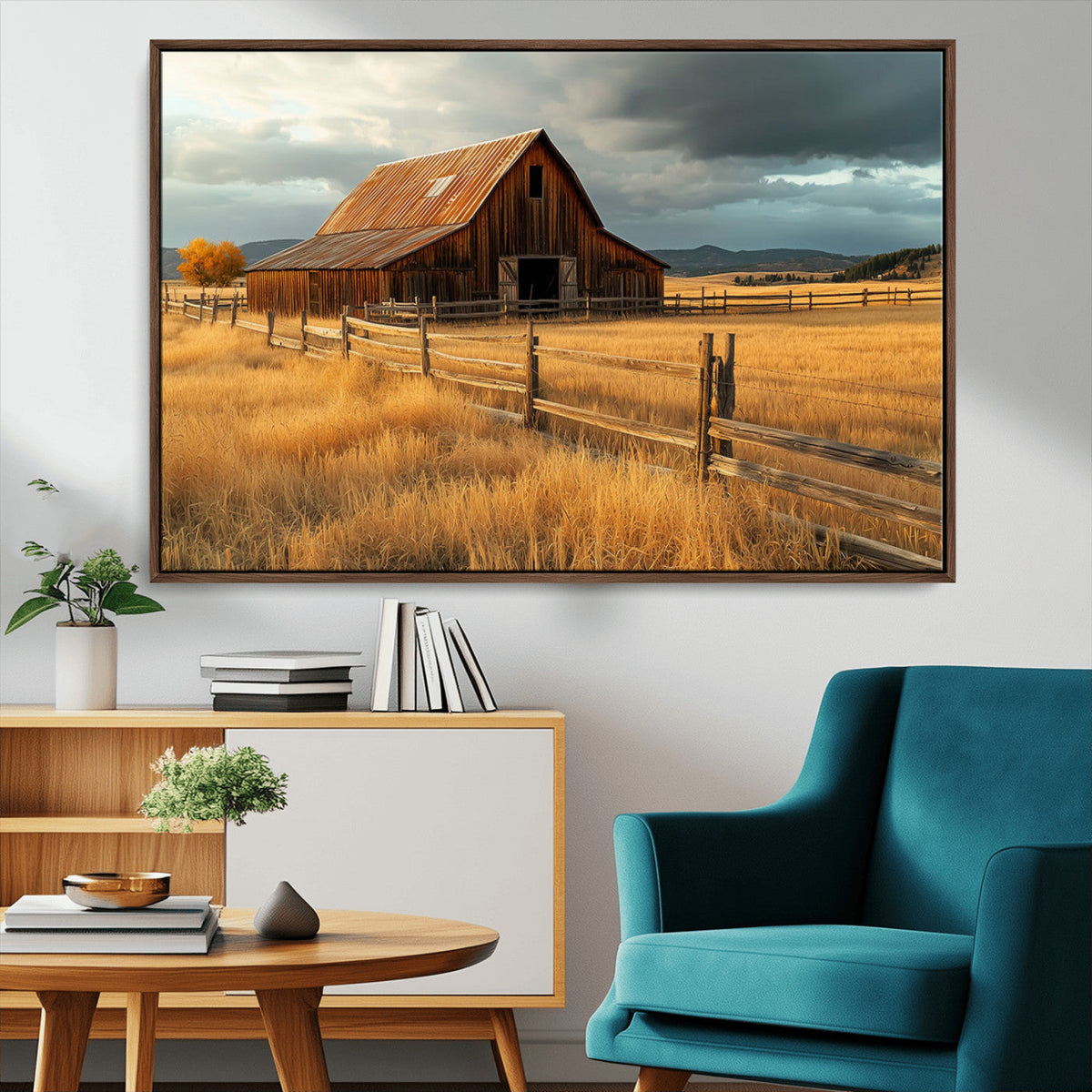 Golden Sunset Barn Wall Art Canvas Print, Rustic Autumn Farm