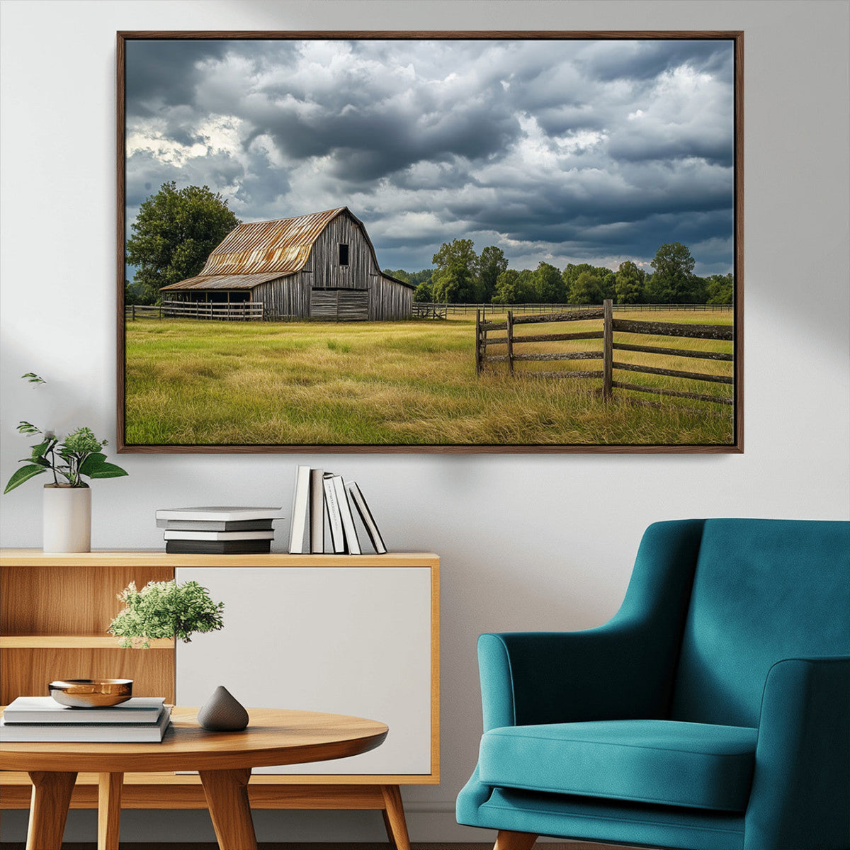 Rustic Stormy Barn Wall Art Canvas Print, Moody Country Farm