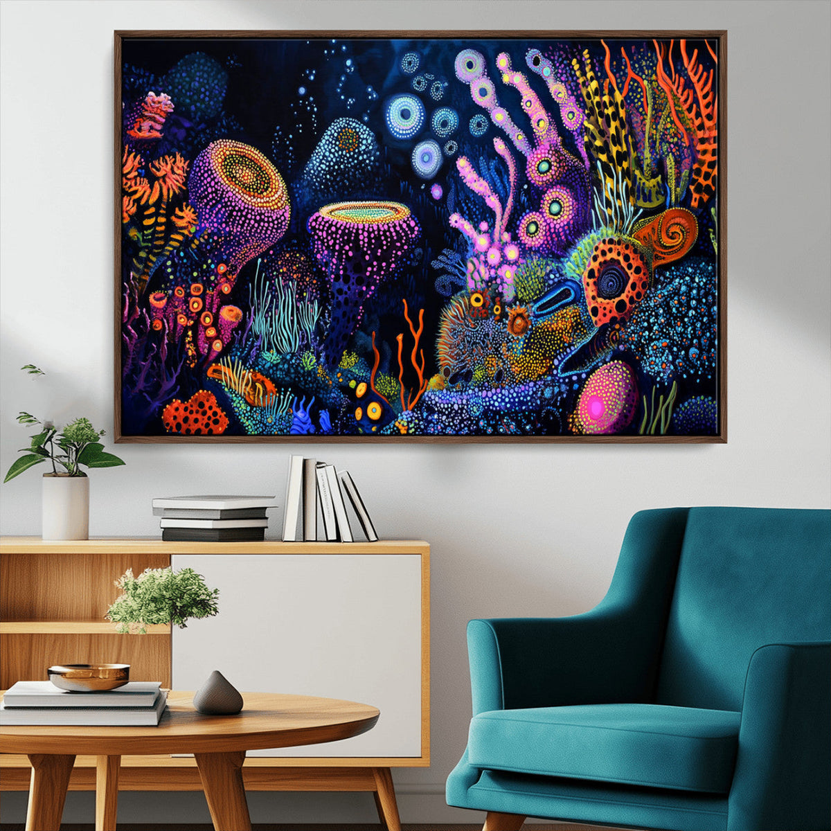 Vibrant Neon Coral Reef Wall Art Canvas Print, Colorful
