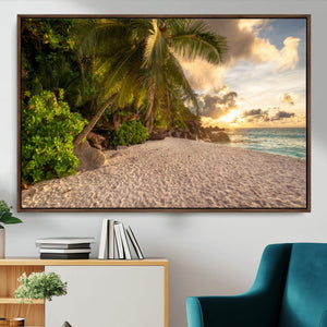 Tropical beach sunset, palm trees, white sand, ocean waves,