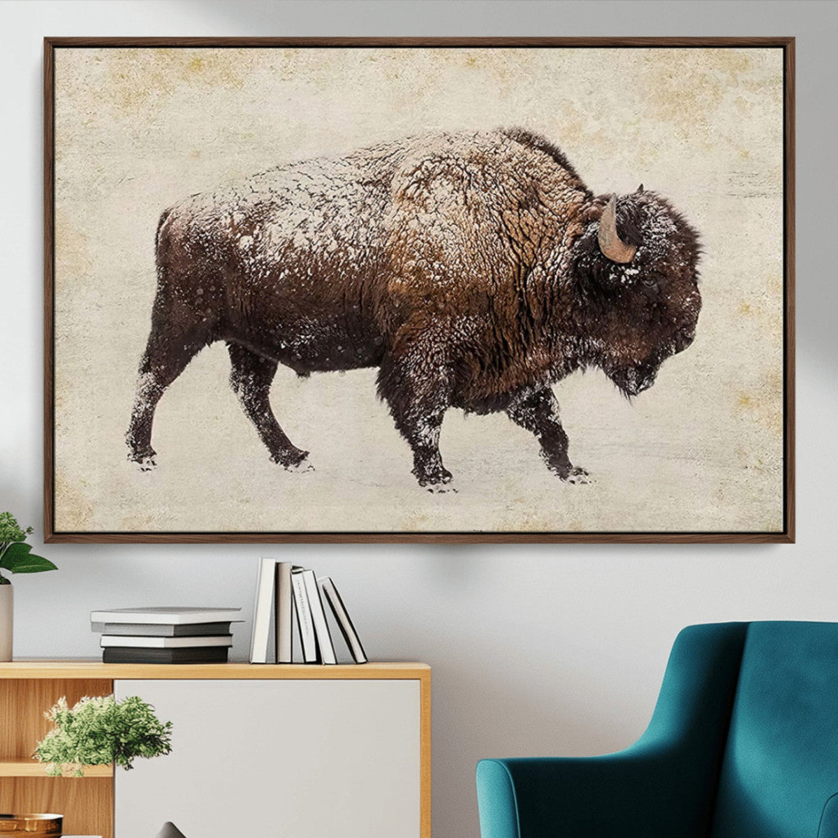 Snow-dusted bison silhouette textured vintage style rugged