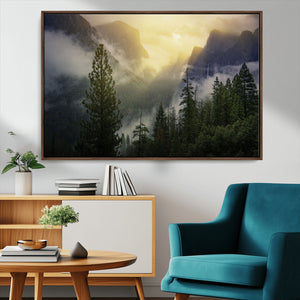 Misty Mountain Valley Wall Art Canvas Print, Golden Sunrise