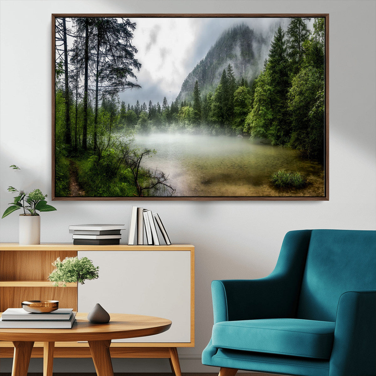 Misty Lake Forest Wall Art – Green Trees Calm Water