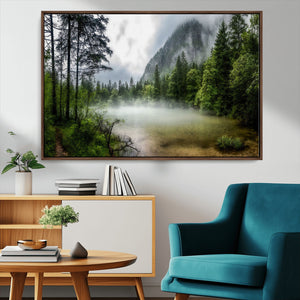 Misty Lake Forest Wall Art Canvas Print, Green Trees and