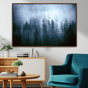 Foggy Evergreen Pines Wall Art – Mist Forest Blue Haze Moody