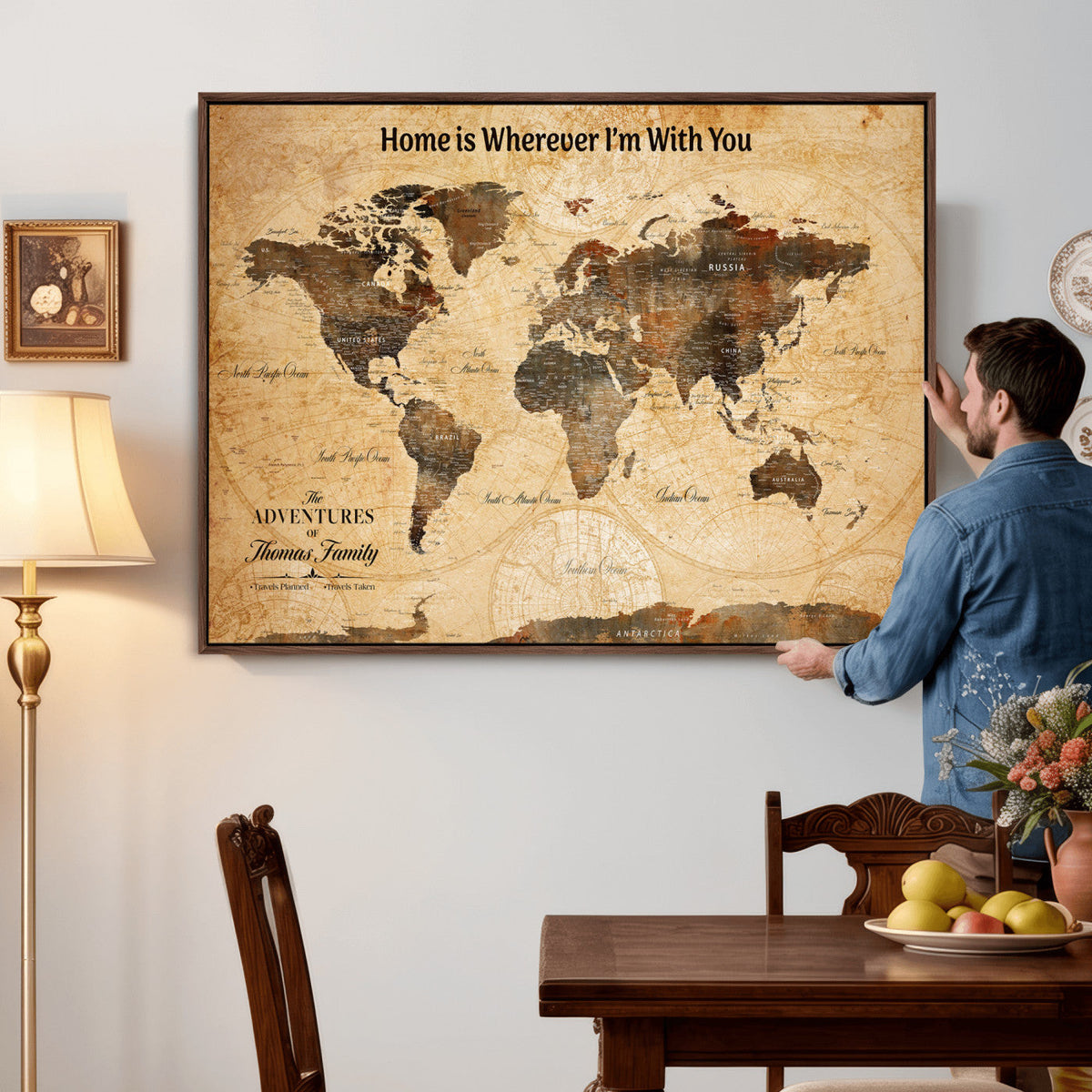 Vintage World Map Canvas Wall Art Print, Personalized