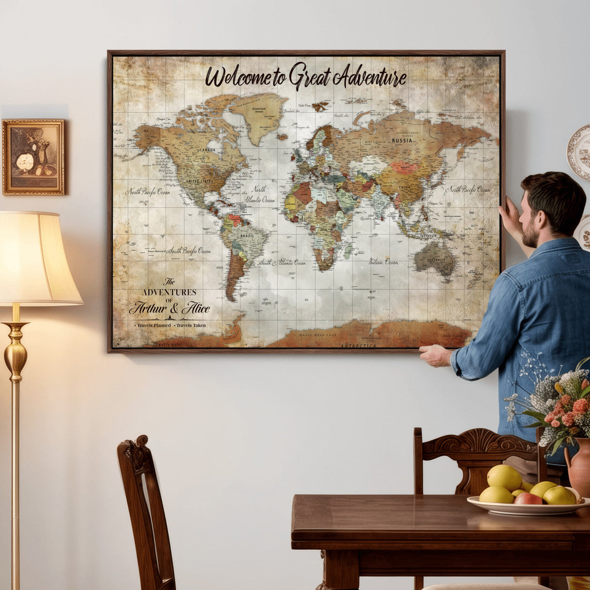 Personalized World Map Wall Art Canvas Print – Custom Push