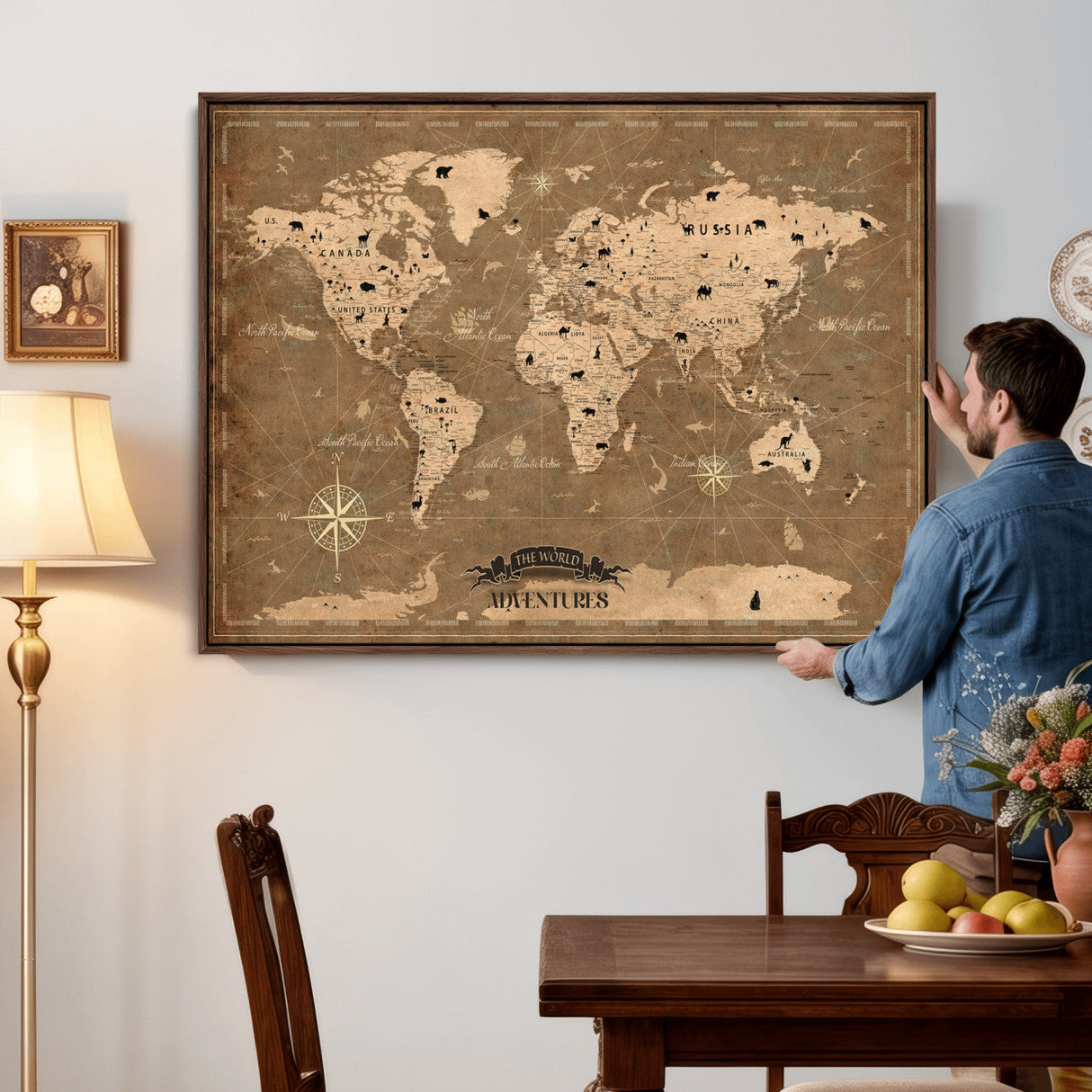 Custom Push Pin World Map Wall Art Canvas Print – Personalized Travel Tracker with Pins Framed Large for Home and Office Decor