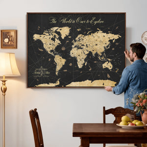 Custom Push Pin World Map Wall Art Canvas Print – Personalized Travel Tracker with Pins Framed Large for Home and Office Decor