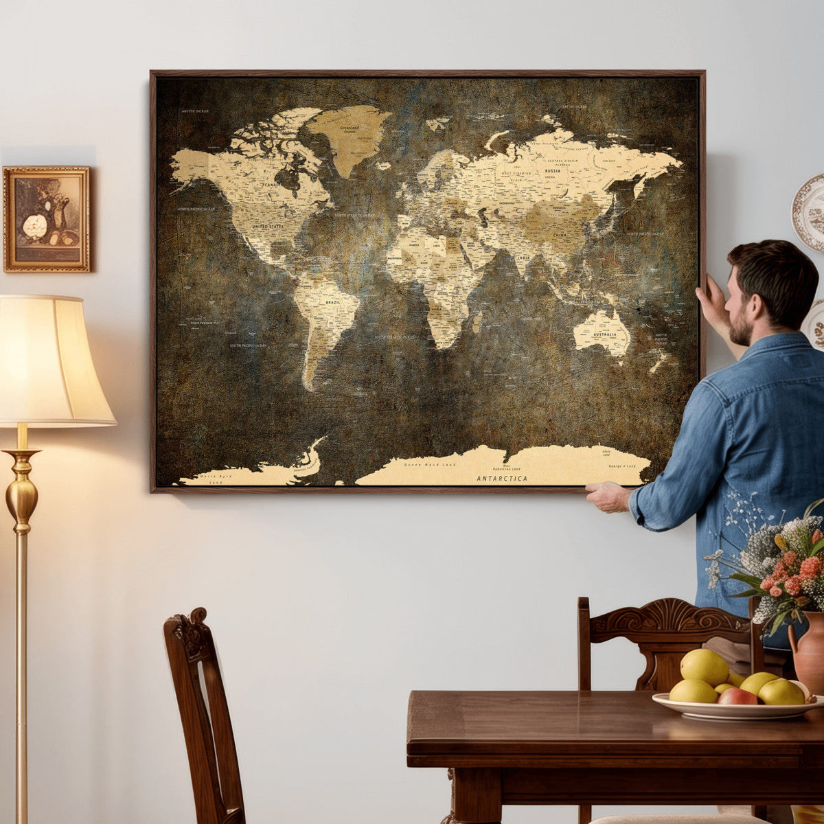 Large Framed Vintage World Map Wall Art Print for Home Wall