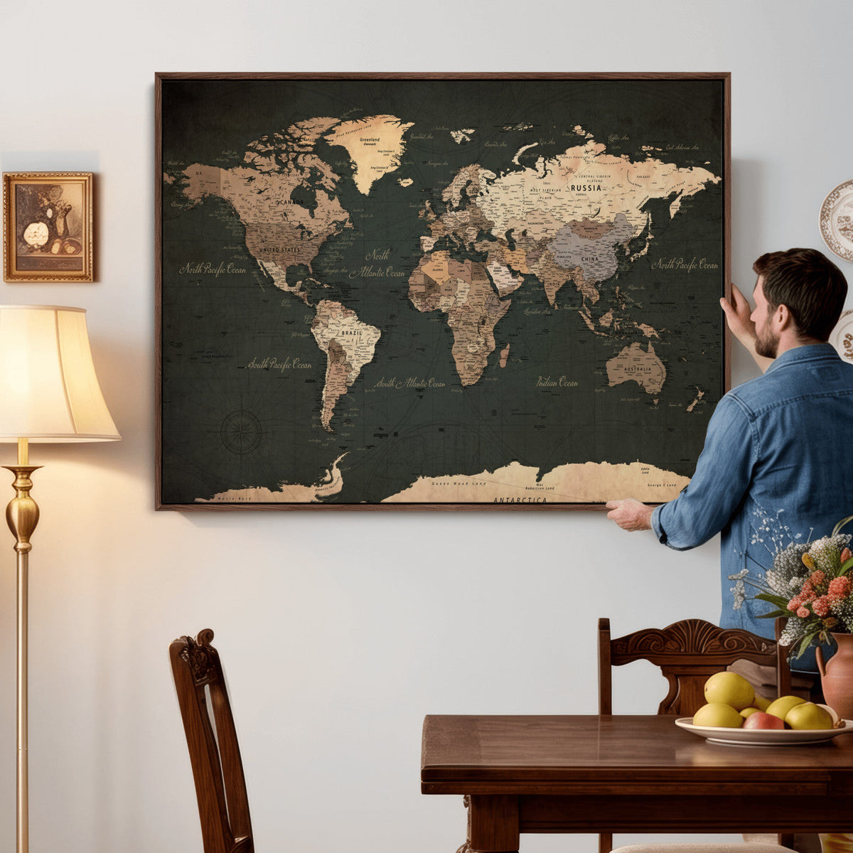 Vintage World Map Canvas Wall Art – Framed Travel Map for