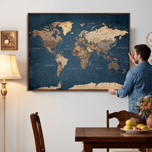 Navy Blue World Map Canvas Print – Framed Travel Map Wall