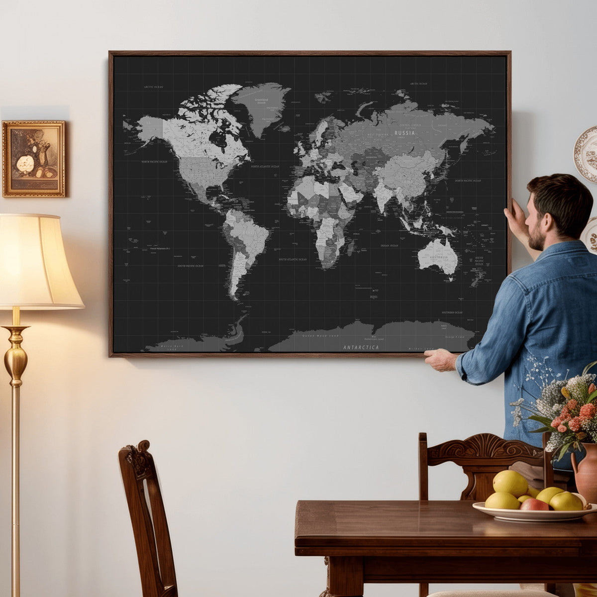 Black World Map Wall Art Canvas Print – Detailed Map of the