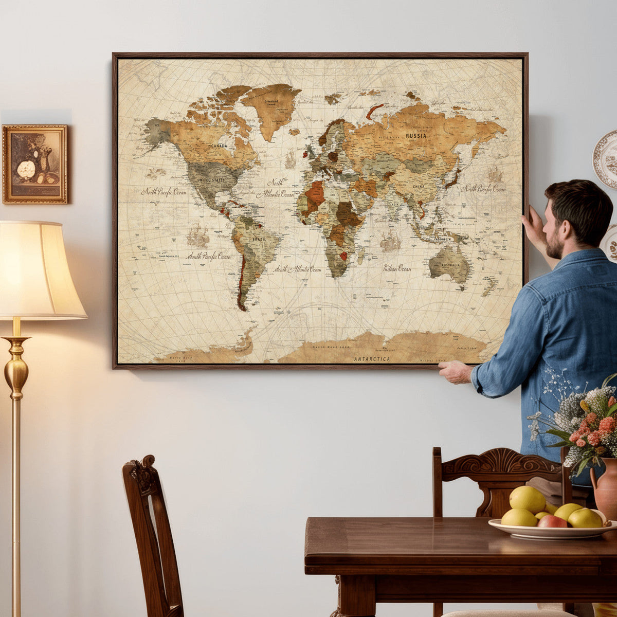 Rustic Vintage World Map Canvas Print – Framed Modern