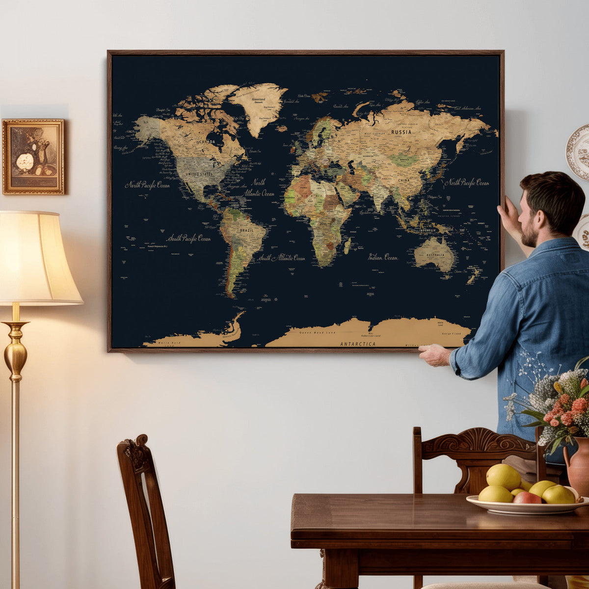 Vintage World Map Canvas on the Dark Background Wall Art