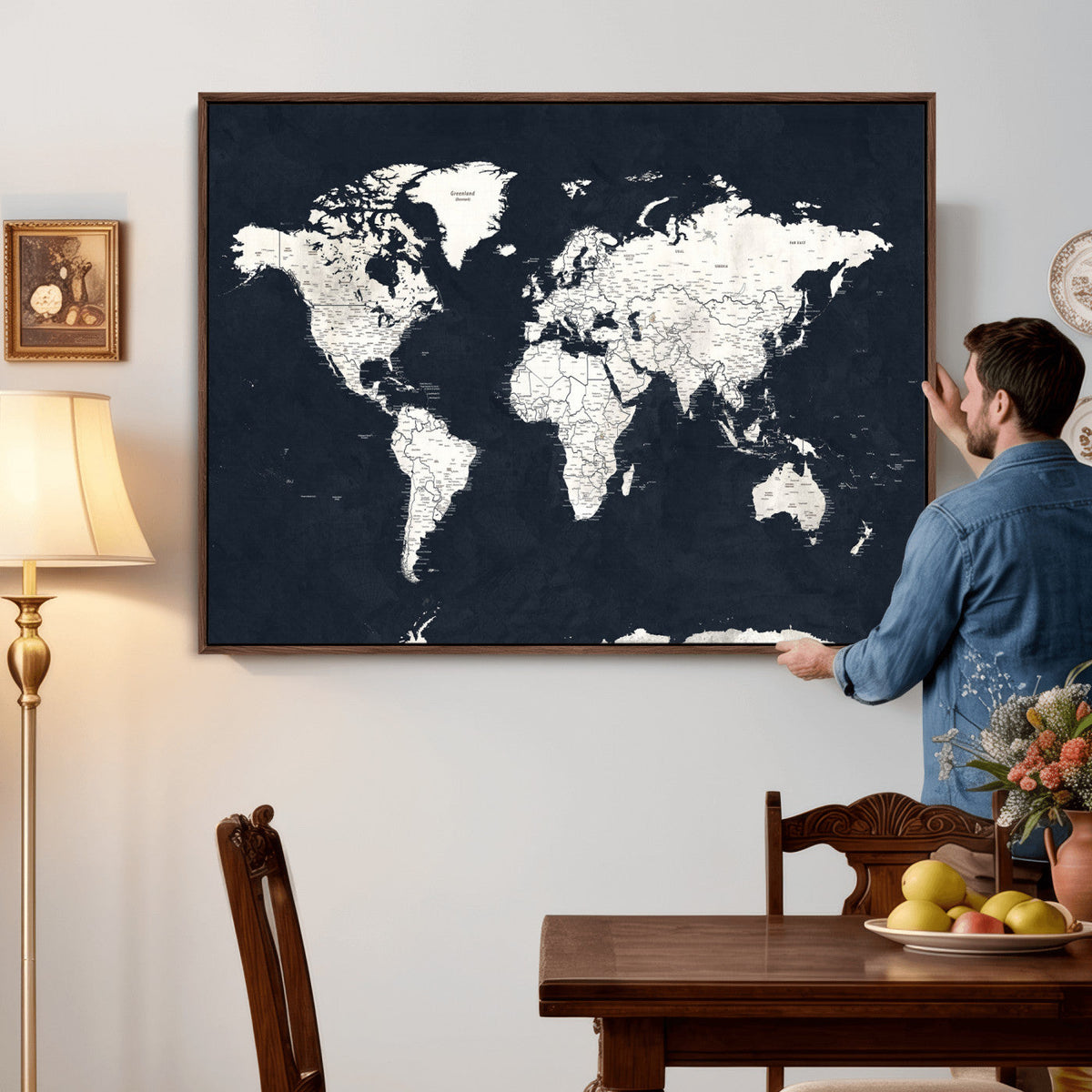 Black World Map Wall Art Canvas Print for Home Office and