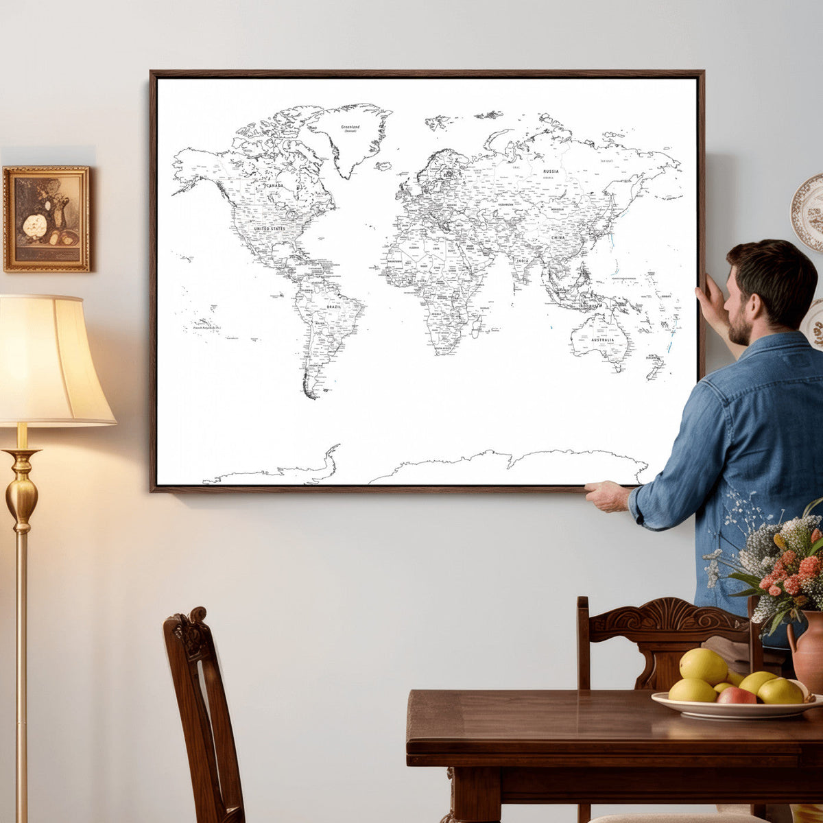 World Map Canvas Print – Framed Modern Detailed Map of the