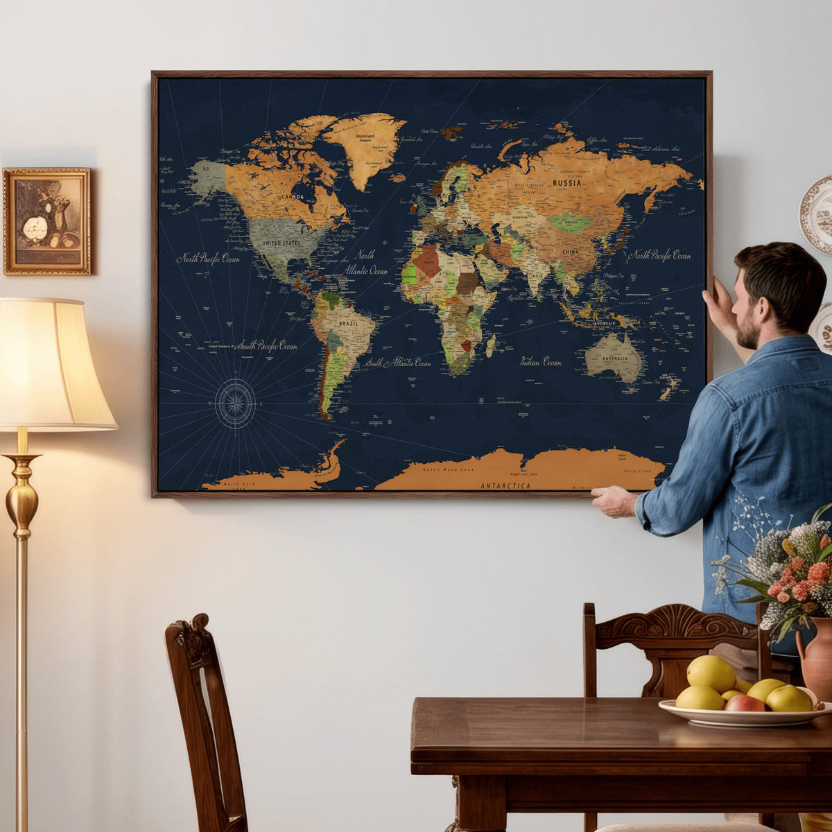 Modern World Map Canvas Print – Framed Detailed Map of the