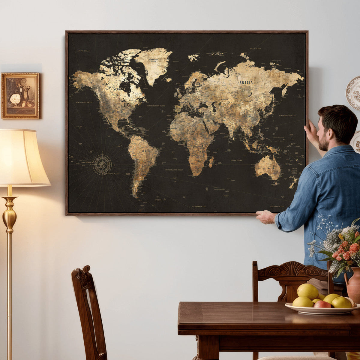 Framed World Map with Pin Canvas Print – Detailed World Map